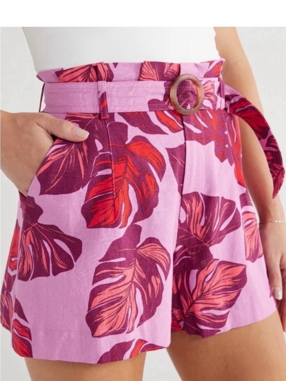 sofia by sofia vergara Pink Tropical Leaf Paperbag Shorts